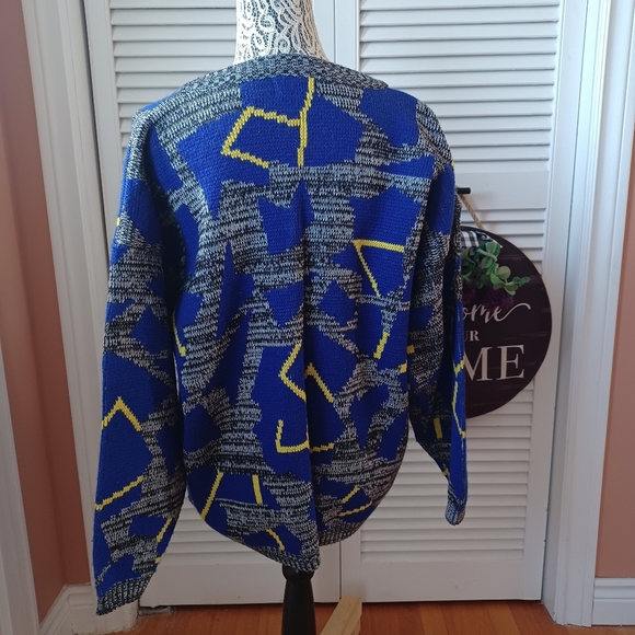 Vintage Tangiers 80's Style Blue / Yellow Retro Geometric Cardigan Grandpa Cozy - Picture 5 of 11